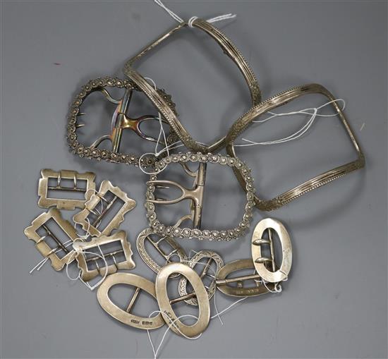 Seven assorted pairs of buckles including two Georgian silver pairs and later 20th century pairs.